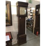 An oak 30 hour long door Grandfather clock, Hargraves, Settle (second finger missing).