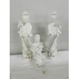 3 Chinese Blanc de Chine figurines, (damage to fingers on all), 2 approximately 36 cm and one 25 cm.