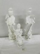 3 Chinese Blanc de Chine figurines, (damage to fingers on all), 2 approximately 36 cm and one 25 cm.