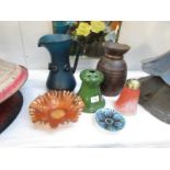 An art glass jug, carnival glass bowl, lamp shade etc.
