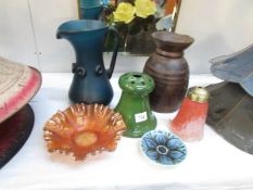 An art glass jug, carnival glass bowl, lamp shade etc.