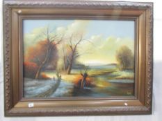 A large signed oil on canvas woodland scene.