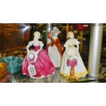 2 Coalport Ladies of Fashion figurines and a Royal Doulton Happy Birthday figurine.