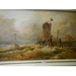 An oil on canvas painting of harbour pier head during a storm,
