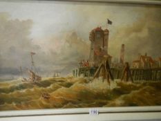 An oil on canvas painting of harbour pier head during a storm,