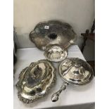 A silver plated lidded pan with handle, a silver plated tureen, tray etc.