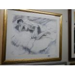 A framed and glazed 'Reclining Nude' gouache - charcoal painting by Lewis Davis, signed,