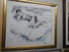 A framed and glazed 'Reclining Nude' gouache - charcoal painting by Lewis Davis, signed,