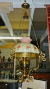 A reproduction hanging lamp with huge faux Queens Burmese shade & tall chimney,