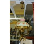 A reproduction hanging lamp with huge faux Queens Burmese shade & tall chimney,
