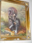 A superb gilt framed oil on canvas painting of a Squirrel. Image 49 x 59 cm, frame 65 x 76 cm.