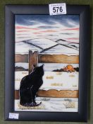 A Woodside farm cat plaque 'Who Goes There', Moorcroft, approximately 27 x 19 cm.