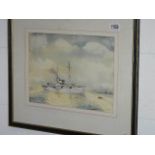 A framed and glazed watercolour 'HMS Sir Kay T241 trawler' (minesweeper) signed G Coldron, image 35.