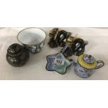 A pair of cloissonne temple dragons, a ginger jar, enamel teapot etc.