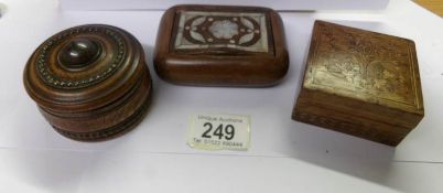 3 small treen boxes including oak pin box, mother of pearl inlaid box and inlaid snuff box.