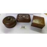 3 small treen boxes including oak pin box, mother of pearl inlaid box and inlaid snuff box.