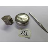 A superb continental pill box, another silver box and a silver propelling pencil.
