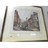 A hand coloured print of Steep Hill in Lincoln, artist Gordon Cumming, signed and dated 1974.