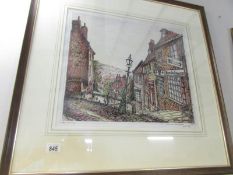 A hand coloured print of Steep Hill in Lincoln, artist Gordon Cumming, signed and dated 1974.