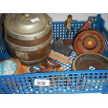 A mixed lot of wooden items including needle cases, folk art figurines, biscuit barrel etc.