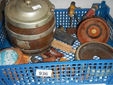 A mixed lot of wooden items including needle cases, folk art figurines, biscuit barrel etc.