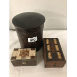 A mahogany treen canister, an inlaid crib board box and a small abalone? top box.