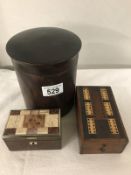 A mahogany treen canister, an inlaid crib board box and a small abalone? top box.