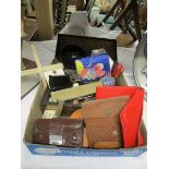 A mixed lot including leather purses, pin box etc.