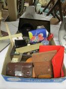 A mixed lot including leather purses, pin box etc.