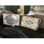 A boxed silver plate tray and an inlaid butterfly wing tray.