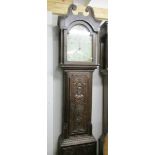 A carved oak 30 hour long case clock marked Wm. Bowers, Chesterfield.
