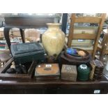 A quantity of wooden items including an inlaid picture frame, carved stool etc.