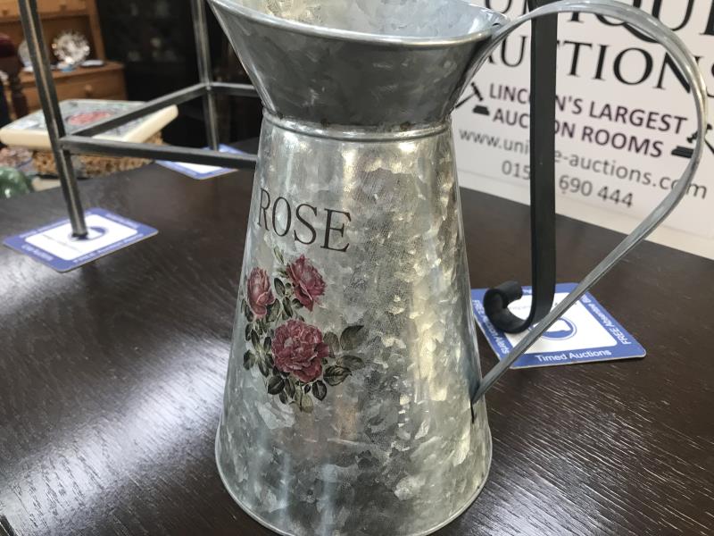 A wrought iron plant stand with mosaic top and 1 other and a galvanised jug - Image 3 of 3