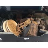 A box of wooden items including boxes, trays etc.
