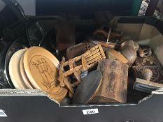 A box of wooden items including boxes, trays etc.