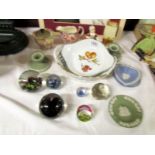 A mixed lot of china and glass including Royal Doulton, Wedgwood, paperweights etc.