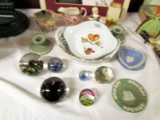 A mixed lot of china and glass including Royal Doulton, Wedgwood, paperweights etc.