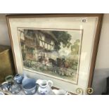 A large framed and glazed print of Tudor cottage and horses