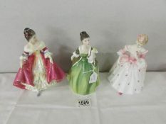 3 Royal Doulton figurines 'Fleur' HN2368, 'Christine' HN3905, and 'Southern Belle' HN2229.