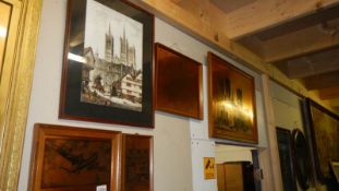 5 framed copper plate Lincoln related pictures and a framed and glazed Lincoln Cathedral print with