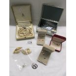 A mixed lot of jewellery including pearls, coral earrings, stick pin, silver brooch,