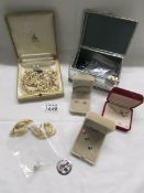 A mixed lot of jewellery including pearls, coral earrings, stick pin, silver brooch,