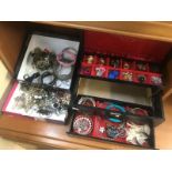 A large black jewellery box of miscellaneous jewellery and 2 further boxes of jewellery