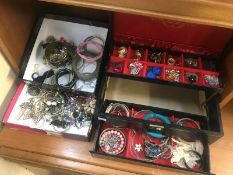 A large black jewellery box of miscellaneous jewellery and 2 further boxes of jewellery