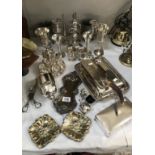 A collection of silver plated items including a crumb tray with horn handle, tureen, egg cup etc.