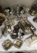 A collection of silver plated items including a crumb tray with horn handle, tureen, egg cup etc.