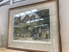 A large framed and glazed limited edition print of a Tudor house