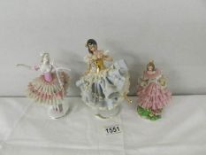 2 Dresden figurines and a Linter Weiss Bach ballerina figurine.
