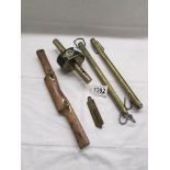 2 brass Salter spring scales and 3 other old tools.
