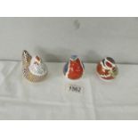 3 Royal Crown Derby paperweights, Hen, Robin and another bird.